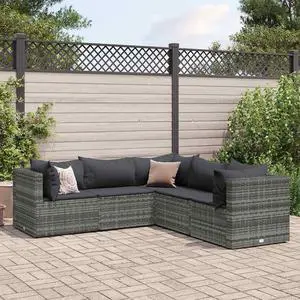 vidaXL Patio Lounge Set with Cushions Sectional Sofa 5 Piece Gray Poly Rattan