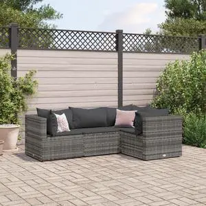 vidaXL Patio Lounge Set with Cushions Sectional Sofa 4 Piece Gray Poly Rattan