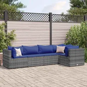 vidaXL Patio Lounge Set with Cushions Sectional Sofa 5 Piece Gray Poly Rattan