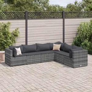 vidaXL Patio Lounge Set with Cushions Sectional Sofa 6 Piece Gray Poly Rattan