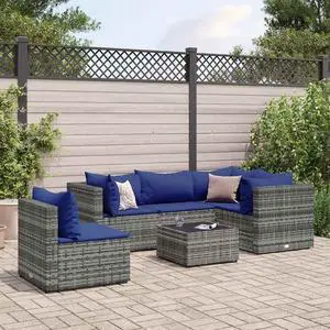 vidaXL Patio Lounge Set with Cushions Sectional Sofa 6 Piece Gray Poly Rattan