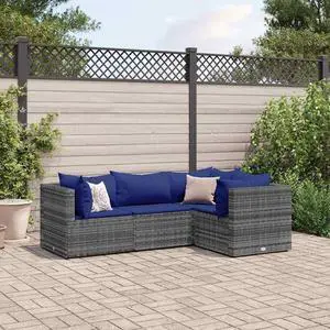 vidaXL Patio Lounge Set with Cushions Sectional Sofa 4 Piece Gray Poly Rattan