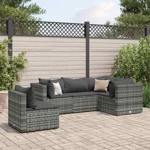 vidaXL Patio Lounge Set with Cushions Sectional Sofa 5 Piece Gray Poly Rattan