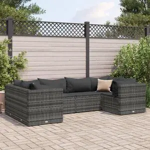vidaXL Patio Lounge Set with Cushions Sectional Sofa 6 Piece Gray Poly Rattan