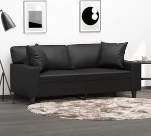 vidaXL 2-Seater Sofa with Throw Pillows Accent Loveseat Couch Black Faux Leather