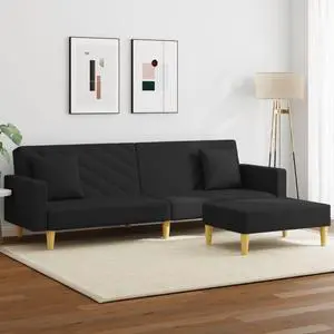 vidaXL 2-Seater Sofa Bed with Pillows and Footstool Living Room Black Fabric