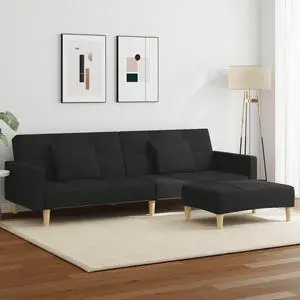 vidaXL 2-Seater Sofa Bed with Footstool Upholstered Couch Settee Black Fabric