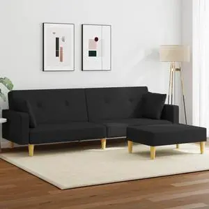 vidaXL 2-Seater Sofa Bed with Footstool Accent Sleeper Couch Black Fabric