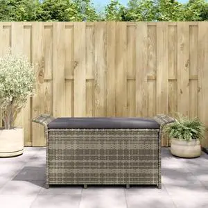 vidaXL Poly Rattan Storage Bench with Cushion, Indoor/Outdoor Ottoman Garden Bench, Waterproof Design, Easy Maintenance, 45.7" x 18.1" x 22.4" Gray