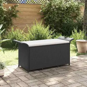vidaXL Poly Rattan Storage Bench with Cushion, Indoor/Outdoor Ottoman Garden Bench, Waterproof Design, Easy Maintenance, 45.7"x18.1"x22.4" Black