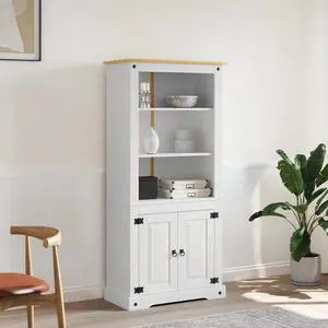vidaXL Cupboard, Mexican Charm Sideboard with Shelves and Cabinet, Corona Range, Solid Pine Wood, 31.5''x15.7''x67'', White and Natural Finish Top