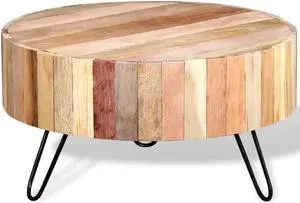 vidaXL Coffee Table with Iron Legs, Round Center Table for Living Room, Fully Handmade, 27.6''x15.0'', Solid Reclaimed Wood, Beige