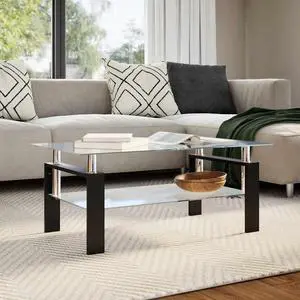 vidaXL Coffee Table with Black Frame and Tempered Glass Top, Center Table for Living Room, 37.4''x21.7''x15.7'', Gray and Transparent
