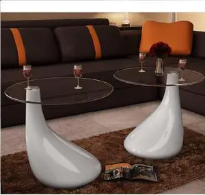 vidaXL Coffee Table 2pcs with Water-Drop Shaped Base, Side Table with Round Tempered Glass Top, Stylish and Chic, High Gloss White