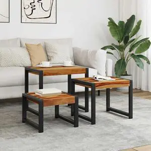 vidaXL Nesting Tables Set of 3, Side Tables with Black Power-Coated Steel Frames, Polished and Partly Painted End Tables for Living Room, Bedroom, Solid Acacia Wood