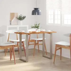 vidaXL Dining Table, Natural Edges Tabletop with Silver Power-Coated Steel Legs, Rustic Design Bistro Table for Dining Room, Kitchen, Solid Acacia Wood, 43.3''x19.6''x30''