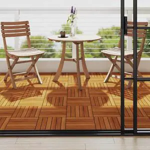 vidaXL 10 pcs Decking Tiles, 11.8"x11.8", Solid Acacia Wood, Patio Tiles with Non-Slip Surface, Weather Resistant and Durable, Varnished Finish