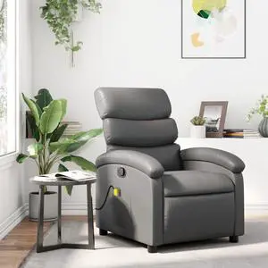 vidaXL Massage Recliner Chair for Adults, Single Theater Seating with Vibration Massage & Manually Adjustable Backrest/Footrest, Modern Reclining Sofa for Living Room, Gray Leather