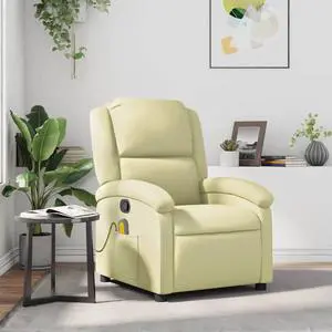 vidaXL Massage Recliner Chair for Living Room, Adjustable Recliner with 6-Point Vibration Massage, Home Theater Seating with Padded Seat Backrest, Cream Real Leather