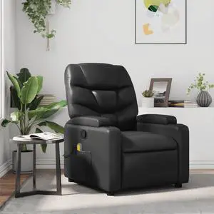 vidaXL Black Leather Recliner Chair with 6-Point Vibration Massage, Adjustable Backrest & Footrest, Cup Holders, Side Pocket, Padded Seat, Perfect for Living Room or Home Theater Seating