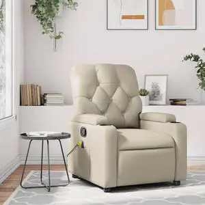vidaXL Leather Massage Recliner Chair for Living Room, Home Theater, 6-Point Vibration Massage, Adjustable Back & Footrest, Cup Holders, Cream