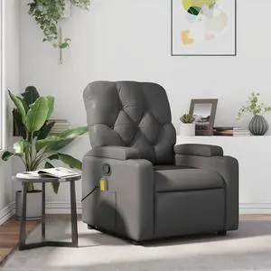 vidaXL Leather Massage Recliner Chair for Living Room, Home Theater, 6-Point Vibration Massage, Adjustable Back & Footrest, Cup Holders, Gray