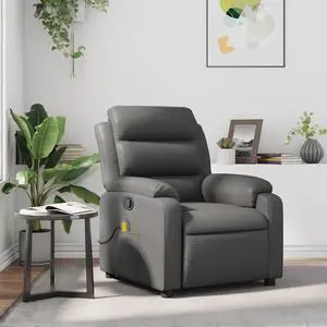 vidaXL Massage Recliner Chair with 6-Point Vibration Massage and Convenient Side Pocket, Gray Leather Rocker, Adjustable Backrest & Footrest Lounge Seat for Living Room, USB Charge Port
