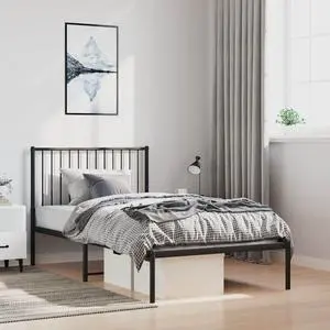vidaXL 12-Inch Black Metal Twin Bed Frame with Headboard, Heavy-Duty Construction with Under-Bed Storage for Modern Bedroom, No Box Spring Needed & Easy Assembly, No Mattress