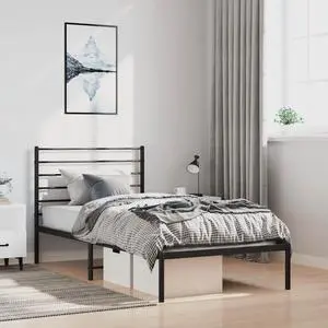 vidaXL 12 Inch Twin Metal Bed Frame with Headboard, No Box Spring Needed, Noise Free Platform Bed Frame with Steel Slats, Easy Assembly, Under Bed Storage, Minimalist, Black