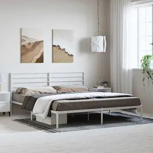 vidaXL 12 Inch California King Metal Bed Frame with Headboard, No Box Spring Needed, Noise Free Platform Bed Frame with Steel Slats, Easy Assembly, Under Bed Storage, Minimalist, White