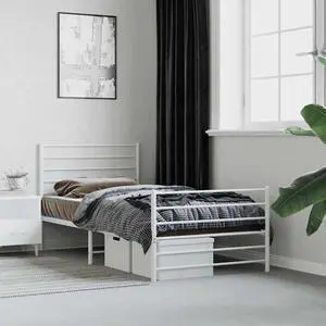 vidaXL 12 Inch Twin Metal Bed Frame with Headboard & Footboard, No Box Spring Needed, Noise Free Platform Bed Frame with Steel Slats, Easy Assembly, Under Bed Storage, Minimalist, White