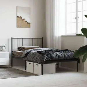 vidaXL 12 Inch Twin Metal Bed Frame with Headboard, No Box Spring Needed, Noise Free Platform Bed Frame with Steel Slats, Easy Assembly, Under Bed Storage, Minimalist, Black
