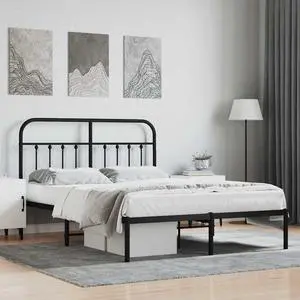 vidaXL 12 Inch Full Metal Bed Frame with Headboard, No Box Spring Needed, Noise Free Platform Bed Frame with Steel Slats, Easy Assembly, Under Bed Storage, Minimalist, Black
