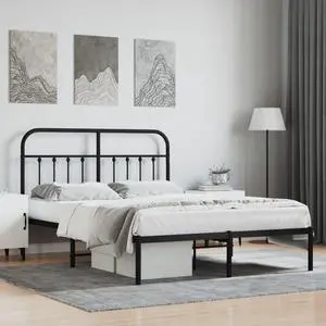 vidaXL 12 Inch Queen Metal Bed Frame with Headboard, No Box Spring Needed, Noise Free Platform Bed Frame with Steel Slats, Easy Assembly, Under Bed Storage, Minimalist, Black
