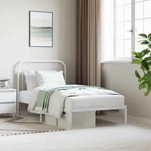 vidaXL 12 Inch Twin Metal Bed Frame with Headboard, No Box Spring Needed, Noise Free Platform Bed Frame with Steel Slats, Easy Assembly, Under Bed Storage, Minimalist, White