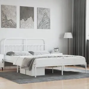 vidaXL 12 Inch California King Metal Bed Frame with Headboard, No Box Spring Needed, Noise Free Platform Bed Frame with Steel Slats, Easy Assembly, Under Bed Storage, Minimalist, White