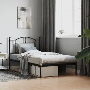 vidaXL 12 Inch Twin Metal Bed Frame with Headboard, No Box Spring Needed, Noise Free Platform Bed Frame with Steel Slats, Easy Assembly, Under Bed Storage, Minimalist, Black