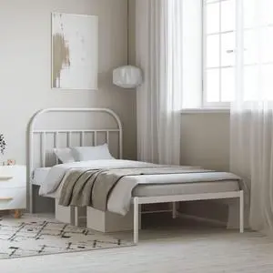 vidaXL 12 Inch White Twin Bed Frame with Headboard, Sturdy Metal Platform Bed Frame & Slats, Extra Under Bed Storage, No Box Spring Needed, without Mattress