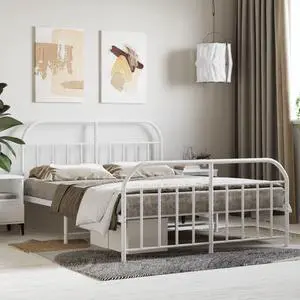 vidaXL 12 Inch White Queen Bed Frame with Headboard & Footboard, Sturdy Metal Platform Bed Frame & Slats, Extra Under Bed Storage, No Box Spring Needed, without Mattress