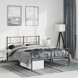 vidaXL 12 Inch Modern Black Queen Bed Frame with Headboard & Footboard, Sturdy Metal Platform Bed Frame & Slats, Extra Under Bed Storage, No Box Spring Needed, without Mattress
