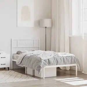 vidaXL 12 Inch Modern White Twin XL Bed Frame with Headboard, Sturdy Metal Platform Bed Frame & Slats, Extra Under Bed Storage, No Box Spring Needed, without Mattress