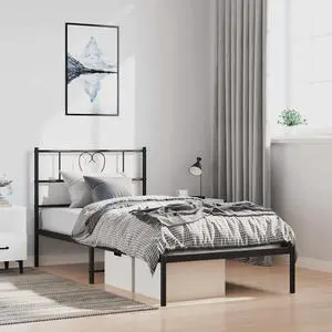 vidaXL Twin XL Metal Bed Frame with Headboard and Stable Slats, Under Bed Storage Space, Sturdy Steel Construction and Easy Assembly, Minimalist Style, Black, 12'' High, without Mattress