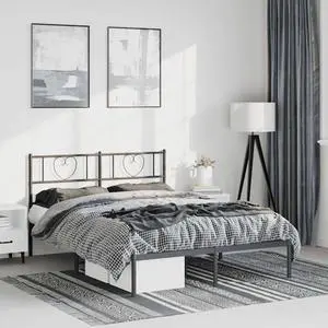 vidaXL Queen Metal Bed Frame with Headboard and Stable Slats, Under Bed Storage Space, Sturdy Steel Construction and Easy Assembly, Minimalist Style, Black, 12'' High, without Mattress