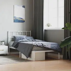 vidaXL Twin Metal Bed Frame with Headboard and Stable Slats, Under Bed Storage Space, Sturdy Steel Construction and Easy Assembly, Minimalist Style, White, 12'' High, without Mattress