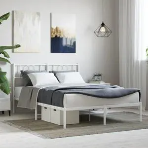 vidaXL Full Metal Bed Frame with Headboard and Stable Slats, Under Bed Storage Space, Sturdy Steel Construction and Easy Assembly, Minimalist Style, White, 12'' High, without Mattress