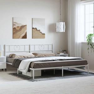 vidaXL California King Metal Bed Frame with Headboard and Stable Slats, Under Bed Storage Space, Sturdy Steel Construction and Easy Assembly, Minimalist Style, White, 12'' High, without Mattress