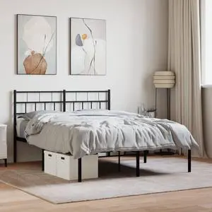 vidaXL 12-Inch Black Metal Full Bed Frame with Headboard, Heavy-Duty Slats Support with Under-Bed Storage for Modern Bedroom, No Box Spring Needed & Easy Assembly, No Mattress
