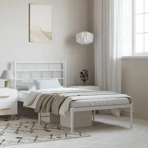 vidaXL 12-Inch White Metal Twin Bed Frame with Headboard, Heavy-Duty Slats Support with Under-Bed Storage for Modern Bedroom, No Box Spring Needed & Easy Assembly, No Mattress
