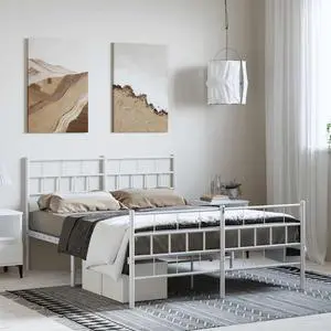 vidaXL 12-Inch White Metal Full Bed Frame with Headboard  & Footboard, Heavy-Duty Slats Support with Under-Bed Storage for Modern Bedroom, No Box Spring Needed & Easy Assembly, No Mattress