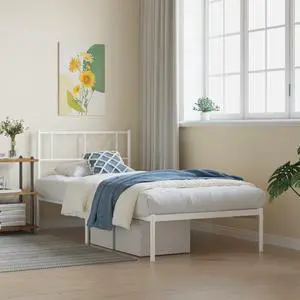 vidaXL Twin XL Metal Bed Frame with Headboard and Stable Slats, Under Bed Storage Space, Sturdy Steel Construction and Easy Assembly, Minimalist Style, White, 12'' High, without Mattress